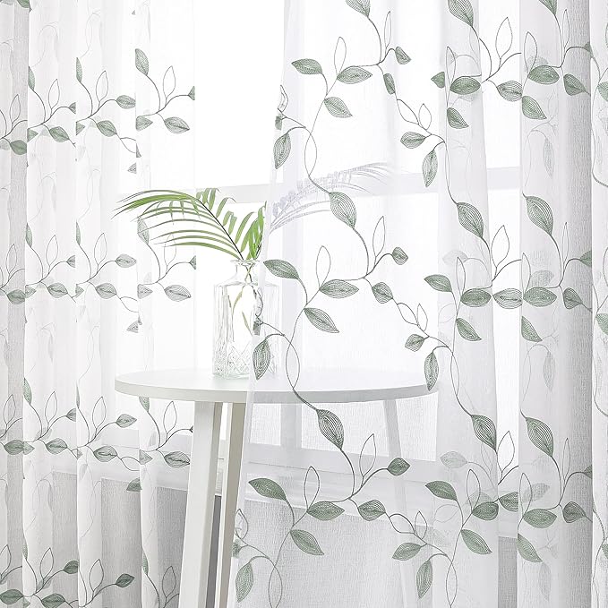 Tollpiz Sage Green Leaf Sheer Curtain Leaves Embroidered Bedroom Short Curtains Rod Pocket Voile Window Treatments for Living Room, 38 x 45 inches Long, Set of 2 Panels