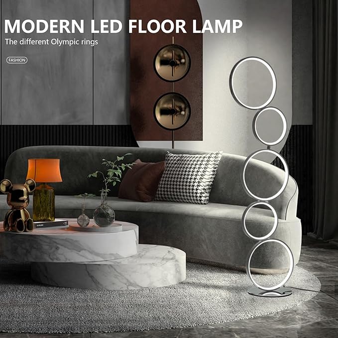 COSYLUX LED Modern Floor Lamp for Bedroom, 3 Way Bright Dimmable Corner Standing lamp with 5-Ring for Living Room & Office Reading Light, 3260LM, 6000K, Chrome.