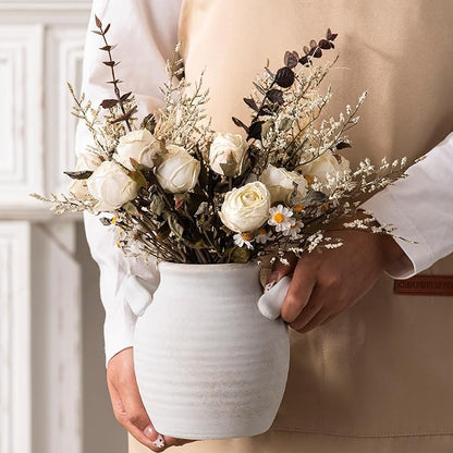 Ceramic Flower Vase Home Decor - Farmhouse Table Vases with Handle Living Room Decoration Vintage Decorative Aesthetic for Shelf Coffee Dining Desk House Bookshelf Fireplace (6" Rustic)