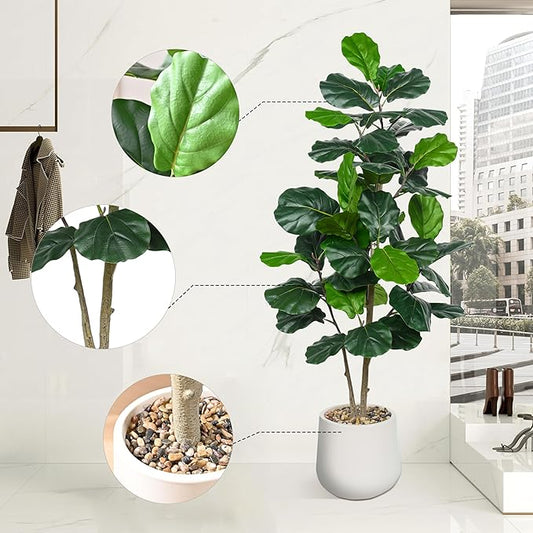 Artificial Fiddle Leaf Fig Tree 5FT, Large Realistic Faux Ficus Lyrata Plant with Pot Large Faux Plant for Indoor Outdoor Home, Office, Living Room, Bathroom Decor