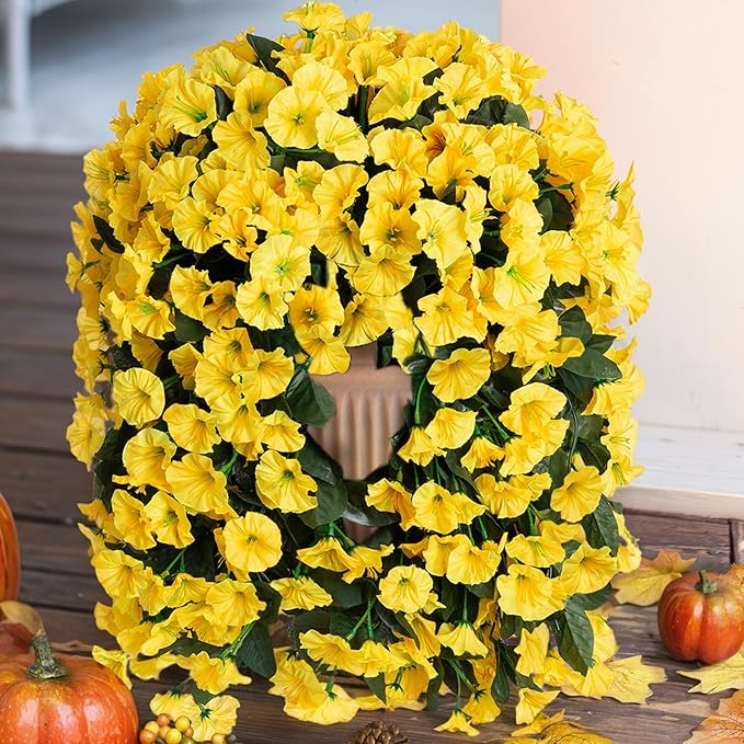 HyeFlora Artificial Fake Hanging Flowers Plants for Outdoor Outside Decoration, 2PCS Faux Silk UV Resistant Look Real Yellow Morning Glory Trailing Vines for Home Planter Porch Patio Balcony