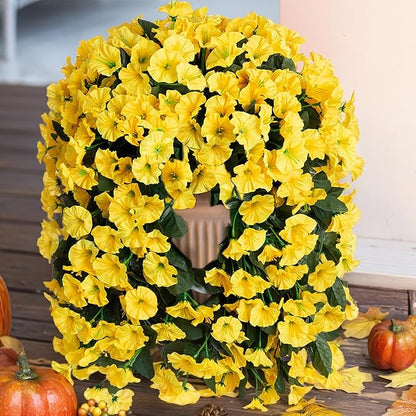 HyeFlora Artificial Fake Hanging Flowers Plants for Outdoor Outside Decoration, 2PCS Faux Silk UV Resistant Look Real Yellow Morning Glory Trailing Vines for Home Planter Porch Patio Balcony