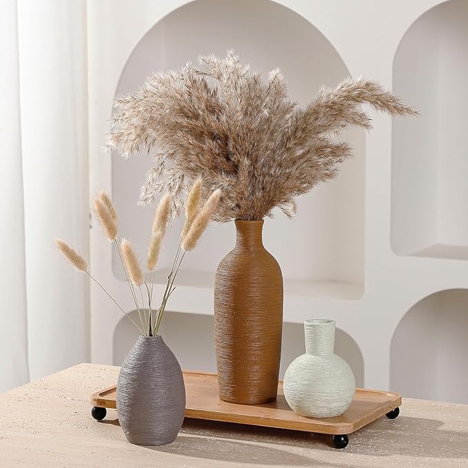 Ceramic Vases Set of 3 Home Decor Modern Rustic Farmhouse Pottery Decorative Flower Vases for Pampas Grass Dried Fresh Flowers, Living Room, Table Centerpiece, Shelf, Mantel (Multicolor Brown)