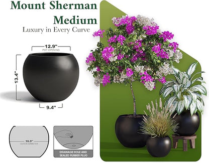 DTY Signature Mount Sherman Modern Indoor Outdoor Fiberstone Sphere Planter, Durable Round Garden Pot, Weather Resistant, Drainage Hole & Rubber Plug - Medium, Black