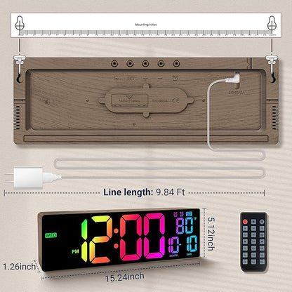 16.5" Large Digital Wall Clock: 11 RGB Colors Wall Mount Decor Clock for Living Room Bedroom Office Classroom, House Warming Gifts New Home Decor, for Men Women Brown