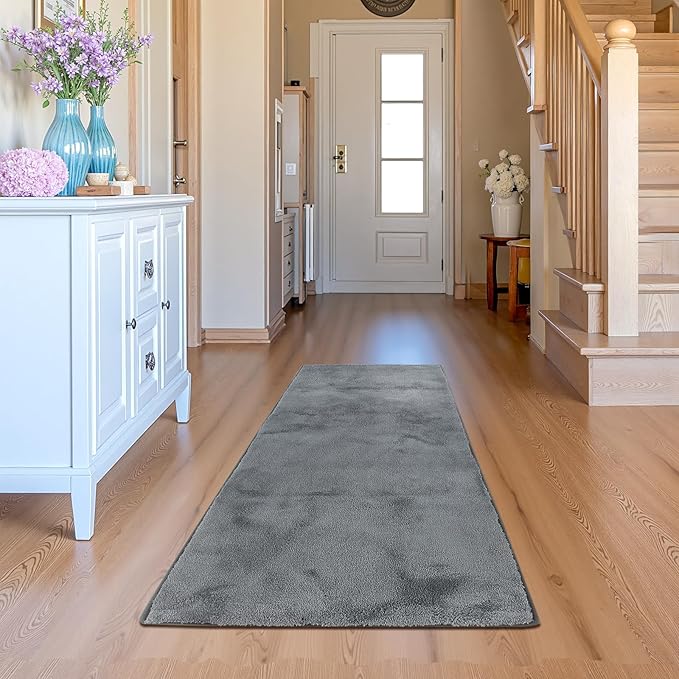 jinchan Solid Plush Runner Rug 2x5 Performance Shaggy Washable Hallway Rug Soft Modern Faux Wool Cozy Non Slip Carpet for Bedroom Laundry Room Living Room Kids Nursery Grey