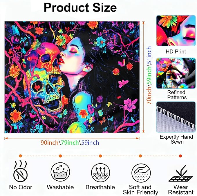 seewan Black Light Skeleton and Girl Tapestry, Glow-in-the-Dark UV Neon Woman Kissing Skeleton Wall Hanging, Psychedelic Life and Death Art Tapestry, Bedroom Dorm Living Room Background Decor