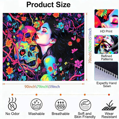 seewan Black Light Skeleton and Girl Tapestry, Glow-in-the-Dark UV Neon Woman Kissing Skeleton Wall Hanging, Psychedelic Life and Death Art Tapestry, Bedroom Dorm Living Room Background Decor