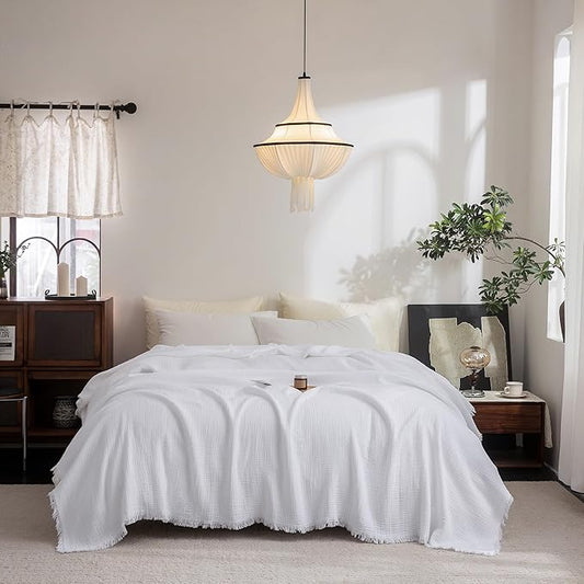 FOSSA Muslin Blanket with Fringe - 4-Layer 100% Cotton Gauze Super Soft & Breathable Throw -Lightweight Decorative Cooling Blanket for Bed, Sofa, Office -Super King 108" x 98" (Bright White)
