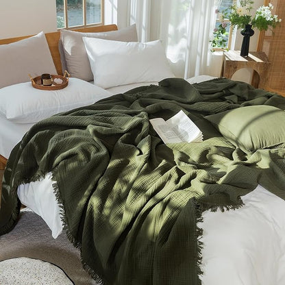MooMee Muslin Blanket - 100% Cotton 4-Layer Gauze Throw Blanket with All-Around Fringe, Ultra-Soft Breathable Lightweight Cooling Decorative for Bed, Sofa & Couch (Olive Green,Throw XL 50" x 70")