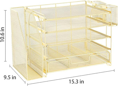 OPNICE Desk Organizer, 5-Tier Paper File Organizer with Drawer & Pen Holder, Office Desk Accessories, Workspace Desktop Organizer for Office Supplies(Gold)