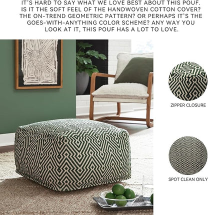 Signature Design by Ashley Abacy Casual Square Handwoven Pouf with Geometric Pattern, Green & Beige