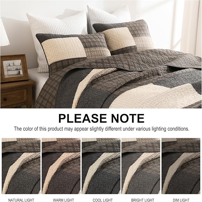 Oversized Quilt Bedspread 120"x120", 100% Cotton Patchwork King Bedspreads Coverlet Set with Pillow Cases, Lightweight Quilted Farmhouse Bedding Cover, 3 Piece, Brown/Beige/Gray