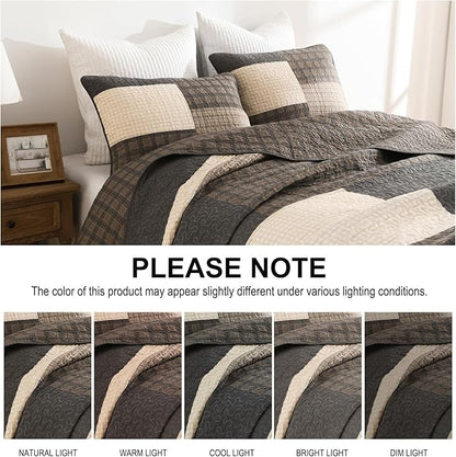 Oversized Quilt Bedspread 120"x120", 100% Cotton Patchwork King Bedspreads Coverlet Set with Pillow Cases, Lightweight Quilted Farmhouse Bedding Cover, 3 Piece, Brown/Beige/Gray