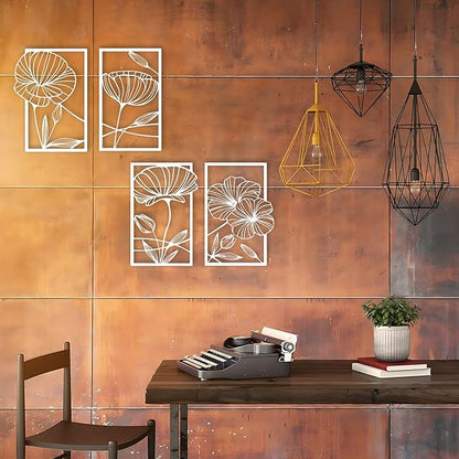 ESTART 4 Pieces Metal Lotus Wall Decor Abstract Floral Aesthetic Splicing Line Art Minimalist Wall Decor for Bedroom Flowers Hanging Wall Sculpture for Living Room Kitchen Office and Yoga Room (White)