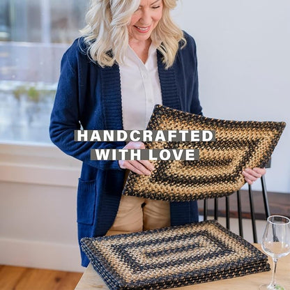 Homespice Kilimanjaro Premium Jute Braided Placemat Set of 4-10x15 Rectangular Black Reversible, Natural Jute Yarn Rustic, Country, Primitive, Farmhouse Style