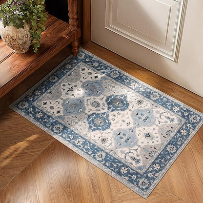 Lessymo Moroccan Washable Rugs for Entryway, Faux Wool 2x3 Small Area Rug for Kitchen Bathroom Corridor - Non-Slip Indoor Door Mat Low Plie Stain Resistant Boho Runner Rug, Muted Blue and Gray