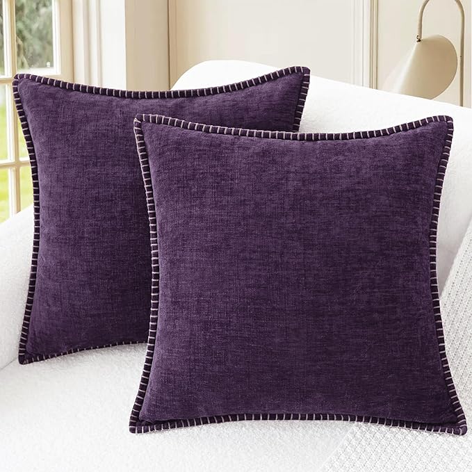 CaliTime Throw Pillow Covers Decorative 20 X 20 Inches Pack of 2 Cotton Thread Stitching Edges Solid Dyed Soft Chenille Cushion Cases for Couch Sofa Bed Living Room Farmhouse Plum Purple
