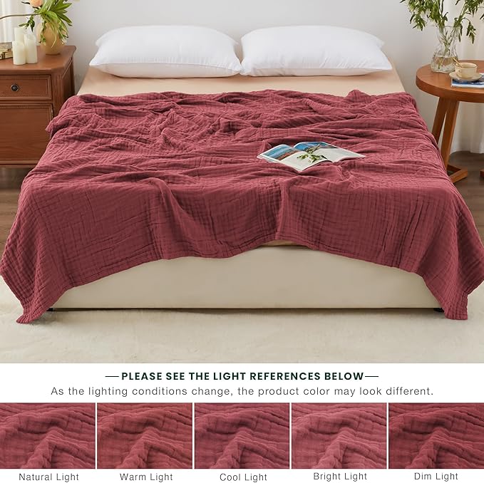 Love's cabin 6 Layer 100% Cotton Muslin Blanket, 90"x90" Muslin Blanket Queen for Couch Bed, Lightweight and Breathable Cotton Gauze for Adult, Wine Red