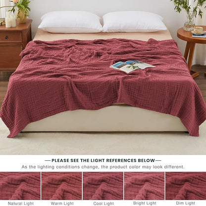 Love's cabin 6 Layer 100% Cotton Muslin Blanket, 108"x90" Muslin King Size Blanket for Bed Couch, Lightweight and Breathable Cotton Gauze for Adult, Wine Red