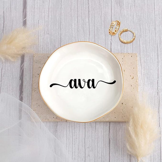 JoycuFF Ava Personalized Name Ceramic Jewelry Tray, Mothers Day Christmas Anniversary Engagement Birthday Gifts for Women Couples, Trinket Dish for Rings Earrings Necklaces Bracelets Keys