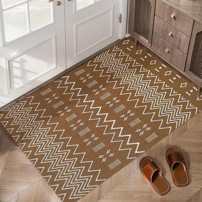 Indoor Door Mat 2x3 Washable Rug,Braided Area Rug,Front Door Mat with Non Slip Rubber Backed,Cotton Doormat for Front Entryway Bathroom Kitchen Bedroom,Brown/White