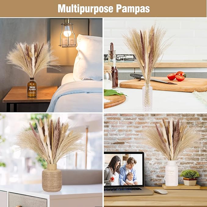 N&T NETING 50Pcs Pampas Grass Decor-5Pcs White Pampas, 10Pcs Brown Pompous, 10Pcs Bunny Tails Dried Flowers, 15Pcs Mini Pompas Grass,10Pcs Light Brown Flower Pompas for Home Decor Wedding Boho Decor
