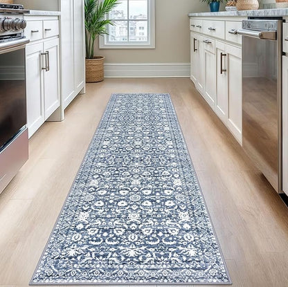 Hallway Runner Rug, Light Blue White Washable Runner Rug 2x8 Vintage Floral Kitchen Rug Runner Non Slip Thin Printed Faux Wool Super Soft Carpet for Entryway Bedroom Laundry Room Indoor