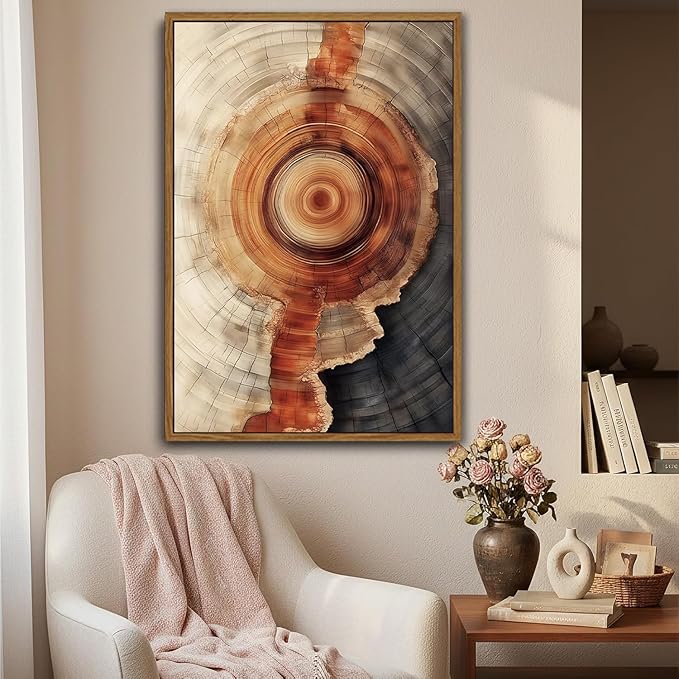 IBHJSART Framed Tree Ring Canvas Wall Art Vintage Colorful Wood Stump Painting Prints Modern Minimalist Pictures Neutral Nature Rustic Farmhouse Decor Living Room Bedroom Bathroom Office