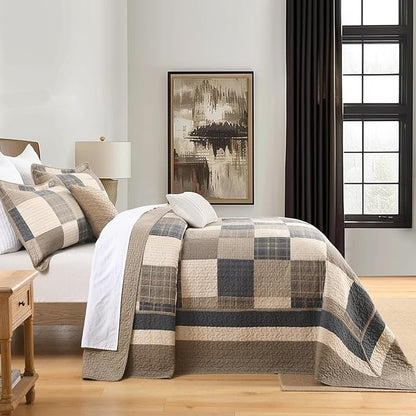 100% Cotton 120"x120" Oversized Quilt Bedspread, Plaid Pattern California King Extra Large Quilt Bedding Set, Reversible Cal King XL Bed Spread Lightweight Comforter, Brown/Beige/Cream, 3Pcs