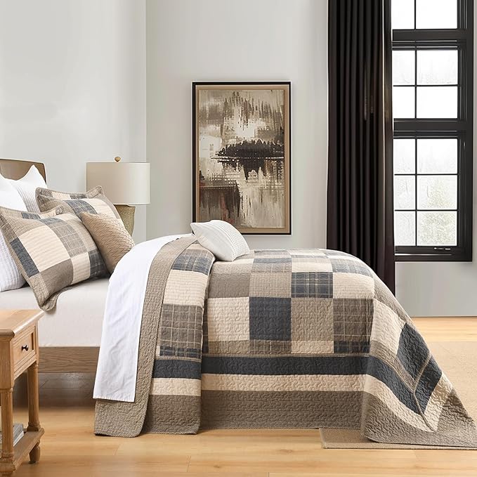 100% Cotton 120"x102" Oversized Quilt Bedspread, Plaid Pattern Oversized Queen Extra Large Quilt Bedding Set, Reversible XL Bed Spread Lightweight Comforter, Brown/Beige/Cream, 3Pcs