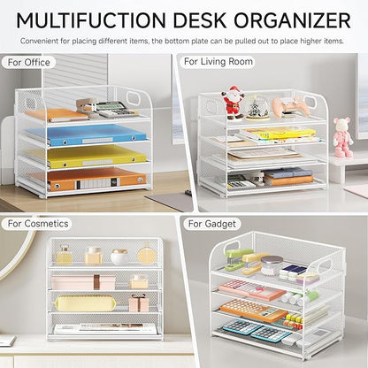 Lavatino Paper Organizer for Desk, 4-Tier Desk Organizer Tray, Mesh Desktop File Organizers with Handle, Office Classroom Organization and Storage-White