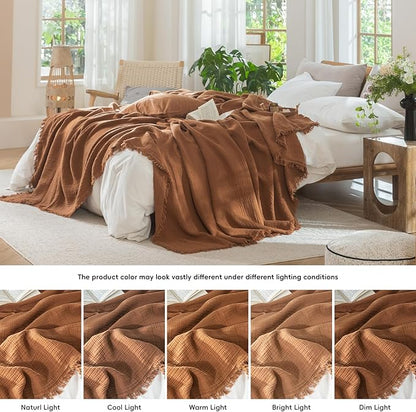 MooMee Muslin Blanket - 100% Cotton 4-Layer Gauze Throw Blanket with Tassels Ultra-Soft Breathable Lightweight Cooling for Bed Couch (Drak Orange,Oversized Queen 98" x 98")