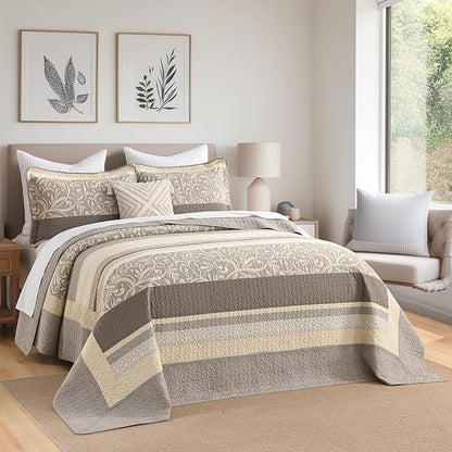 Lightweight King Bedspreads 128x120, 100% Cotton Oversized Quilt, Striped Botanical Pattern Coverlet, Reversible Farmhouse Quilted Bedding Set 3 Piece, Brown/Taupe/Cream