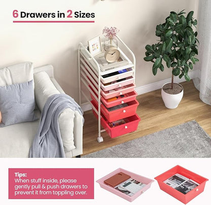 Giantex 6 Storage Drawer Cart Rolling Organizer Cart for Tools Scrapbook Paper Home Office School Multipurpose Mobile Utility Cart (Pink Gradient)