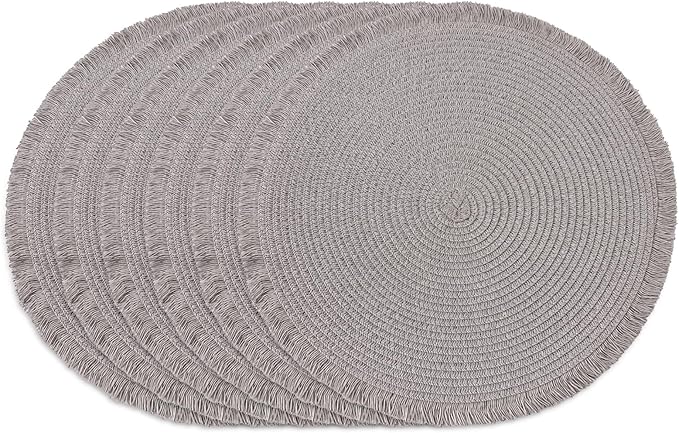 15 Inch Set of 6 Round Braided Woven Placemats Wipeable Paper Heat Resistant Table Mats with Fringe Tassel Boho Indoor Outdoor Table Placemats for Dining Tables (Grey)
