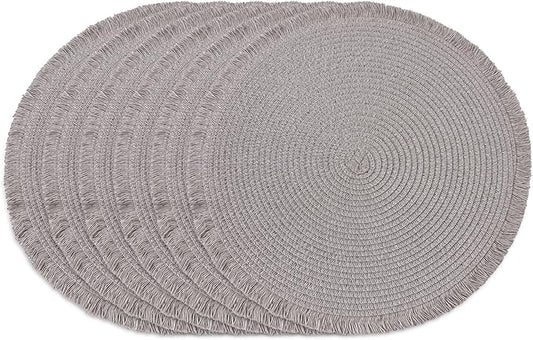 15 Inch Set of 6 Round Braided Woven Placemats Wipeable Paper Heat Resistant Table Mats with Fringe Tassel Boho Indoor Outdoor Table Placemats for Dining Tables (Grey)