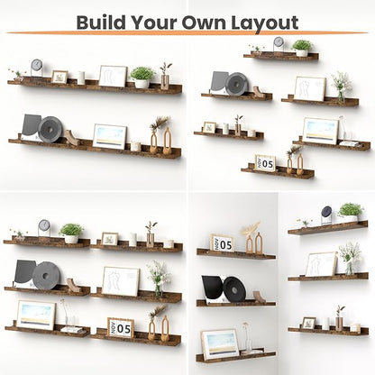 upsimples Floating Shelves for Wall, 23.6 Inch Shelves for Decor Storage Set of 6, Wall Mounted Wood Shelf for Bedroom, Living Room, Bathroom, Kitchen, Long Picture Ledge Shelves, Brown