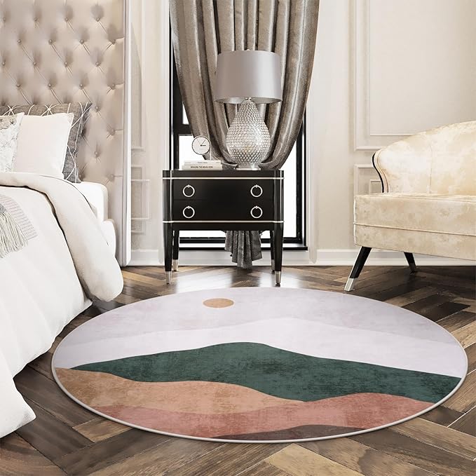 5ft Abstract Round Rug,Chic Washable Non-Slip Sun and Mountain Area Circle Rug,Soft Low-Pile Circle Throw Rugs for Living Room Sofa Kids Room Decor(Grey)