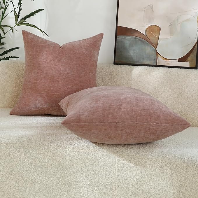 Blush Pink Chenille Decorative Couch Throw Pillow Covers, Soft Cushion Cases for Home Livingroom Sofa Décor, Pack of 2, 14 x 14 Inches