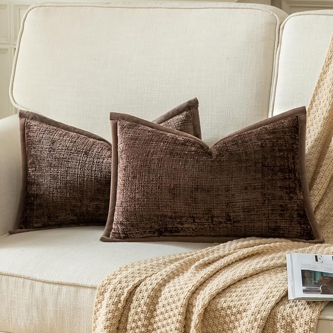 Yaertun Pack of 2 Chenille Textured Decorative Throw Pillow Covers Accent Solid Cushion Cover Soft Cozy Pillow Case with Velvet Back for Couch Sofa Bed Living Room 16x24 Inch Coffee