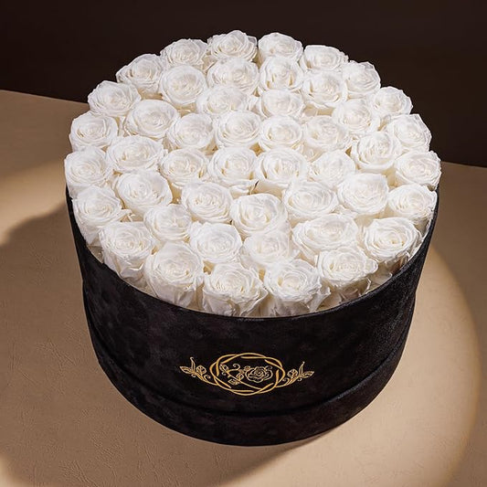 47 Flowers in a Luxury Suede Box, Birthday Gifts for Women, Preserved Flowers, Mothers Day Roses Gift for Mom, Pure White