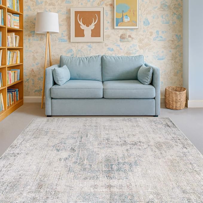 Washable 4x6 Rug for Small Living Room, Area Rug for Kitchen, Bedside, Large Entryway Indoor - Stain Resistant Non Slip with Rubber Backing, Unique Floral Aethestic Décor, Light Blue & Gray