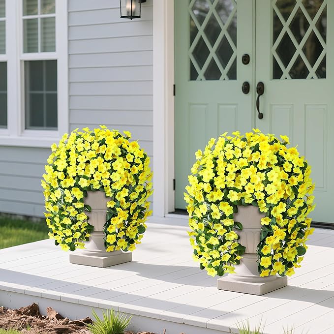 Artificial Faux Hanging Plants Flowers for Outdoor Winter Christmas Decor, 2 PCS Fake Silk Yellow Daisy Long Vines Orchid UV Resistant Realistic Mums for Outside Home Porch Patio Balcony Planter