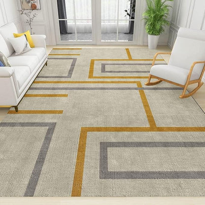 Modern Yellow and Grey Irregular Lines Area Rug, Abstract Geometric Art Rugs, Indoor Non-Slip Kids Rugs, Machine Washable Breathable Durable Carpet for Front Entrance Floor Decor,3 x 5ft