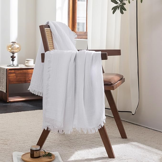 FOSSA Muslin Blanket with Fringe - 4-Layer 100% Cotton Gauze Super Soft & Breathable Throw -Lightweight Decorative Cooling Blanket for Bed, Sofa, Office (Bright White, King (104" × 90"))