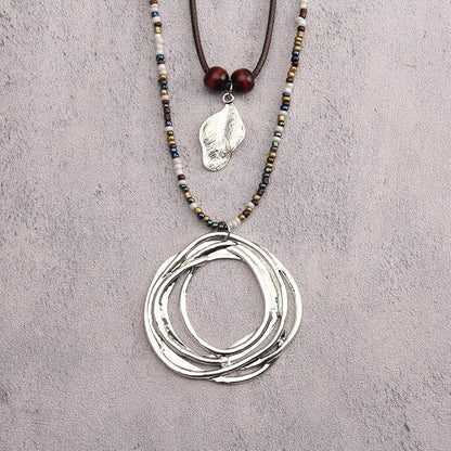 Leather Necklace for Women Boho Choker Necklace Long Cord Leather Pendant Bohemian Neckalce Vintage Alloy Pendant Leather Rope Necklace Wooden Necklaces for Women