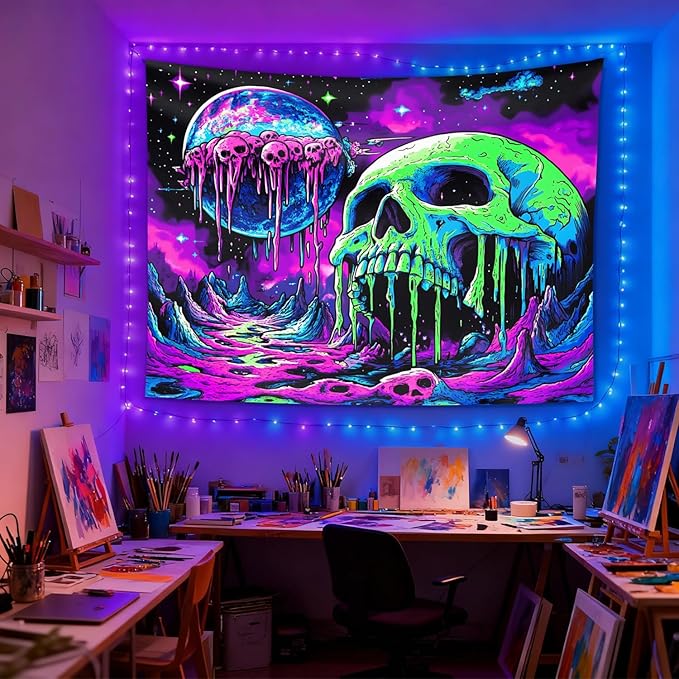 seewan Black Light Melting Skull Tapestry, Glow-in-the-Dark UV Neon Dripping Planet & Skull Tapestry, Psychedelic Space Horror Art Tapestry, Bedroom Dorm Living Room Background Decor