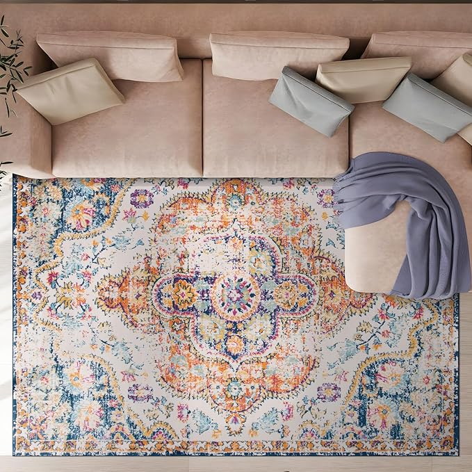 Rugshop Vintage Distressed Bohemian Area Rug for Living Room,Bedroom,Dining Room – Vibrant Multi-Color Tribal Design, 6'6" x 9'