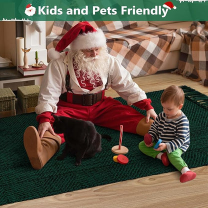 Collive Christmas Kitchen Rugs Washable, 2' x 4.3' Green Hand-Woven Farmhouse Bathroom Mats, Low File Front Door Rug Boho Reversible Bedroom Runner Carpet for Entryway Foyer Home Decor